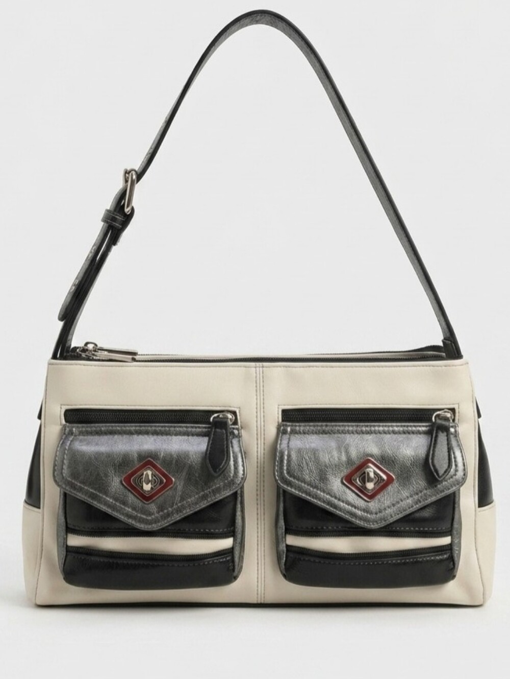 Vintage Naturalizer White Black Double Flap Turnlock Hobo Shoulder Bag Y2K
